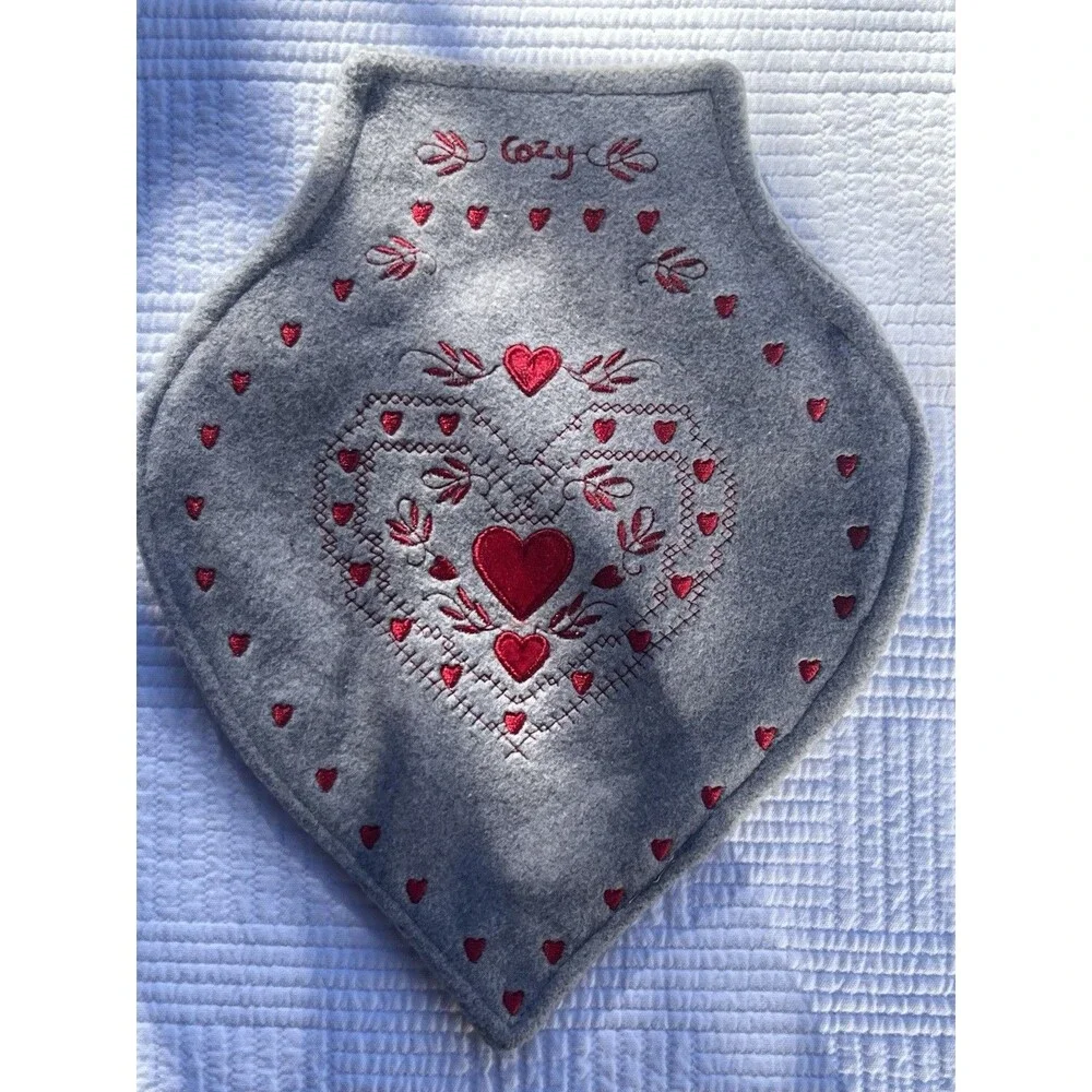 Victorian Trading Co Grey Embroidered Heart Hot Water Bottle Cover ONLY Folk Art